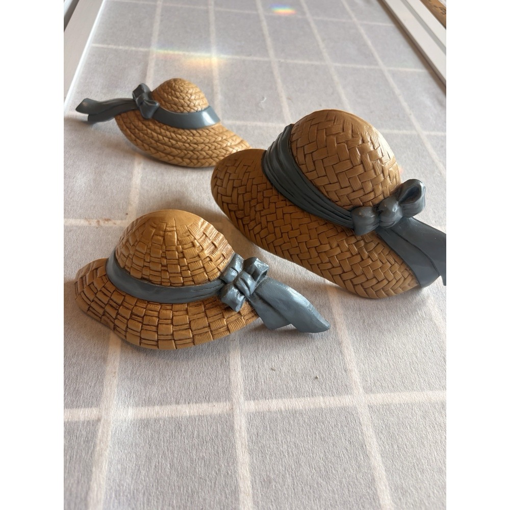 Set of 3 Vintage 80s 90s Cottagecore Plastic Straw Hat Blue Bow Wall Hangings